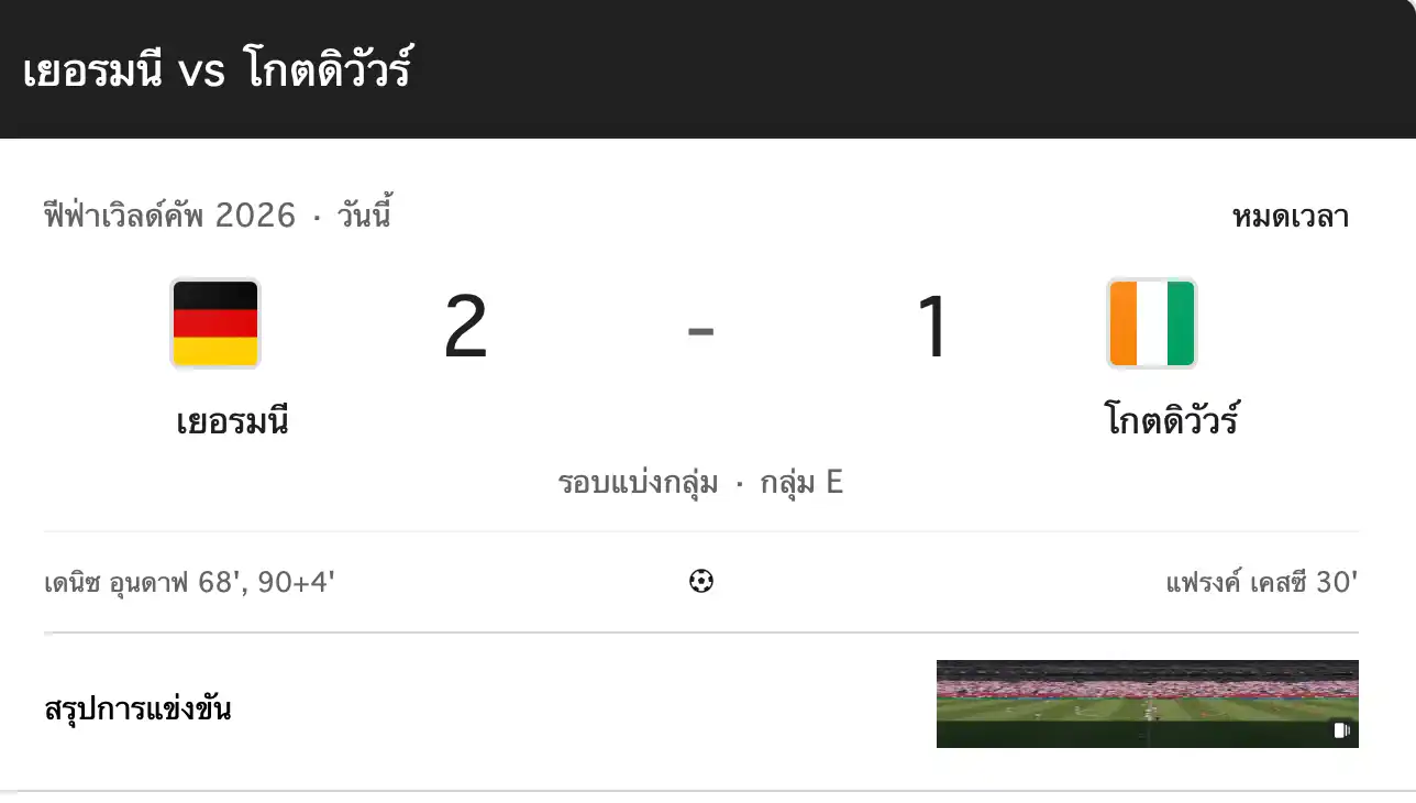 สรุปผลบอลโลก เยอรมัน-โกต ดิวัวร์